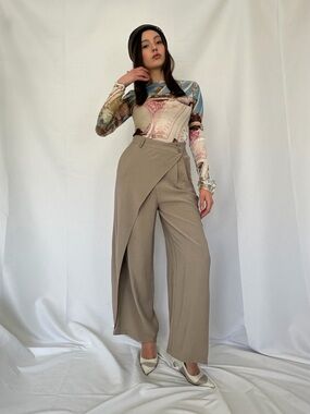 NNASSA taupe fold over wide leg pants